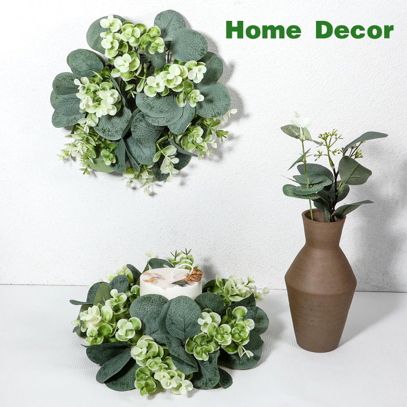 SHENLIU 10 Pcs Candle Rings Artificial Eucalyptus Leaves Wreath Greenery Leaves Boho Garland Pillar Candleholders Candle Rings for Wedding Party Home Table Door - Image 4