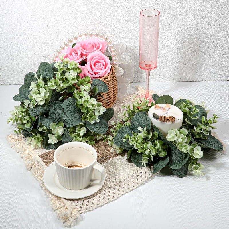 SHENLIU 10 Pcs Candle Rings Artificial Eucalyptus Leaves Wreath Greenery Leaves Boho Garland Pillar Candleholders Candle Rings for Wedding Party Home Table Door - Image 5