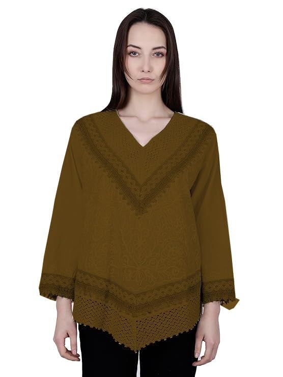 Ukal Hand Embroidered Bige Top/Full Sleeves Cotton Tunic/Summer Short Ethnic Chikan Relaxed Fit Kurti/Boho Short Ethnic Dress for Women (in, Alpha, S, Plus Size, Brown) - Image 5
