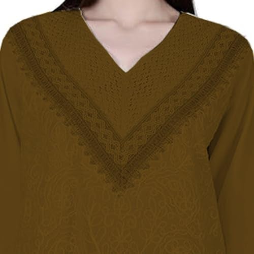 Ukal Hand Embroidered Bige Top/Full Sleeves Cotton Tunic/Summer Short Ethnic Chikan Relaxed Fit Kurti/Boho Short Ethnic Dress for Women (in, Alpha, S, Plus Size, Brown) - Image 4