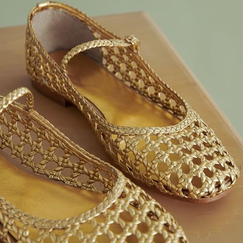 Atsroel Woven Mesh Ballet Flats for Women Square Toe Mary Jane Flats Buckle Strap Flat Shoes Comfortable Ballerina Flats Dressy Mesh Shoes Casual Mary Janes for Women A-Gold - Image 5