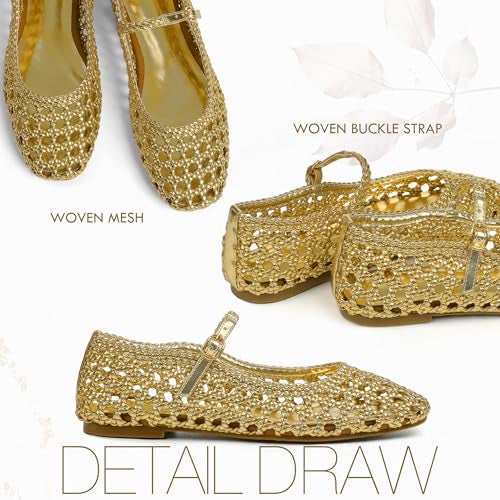 Atsroel Woven Mesh Ballet Flats for Women Square Toe Mary Jane Flats Buckle Strap Flat Shoes Comfortable Ballerina Flats Dressy Mesh Shoes Casual Mary Janes for Women A-Gold - Image 4