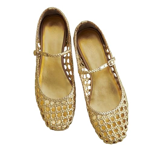 Atsroel Woven Mesh Ballet Flats for Women Square Toe Mary Jane Flats Buckle Strap Flat Shoes Comfortable Ballerina Flats Dressy Mesh Shoes Casual Mary Janes for Women A-Gold - Image 1