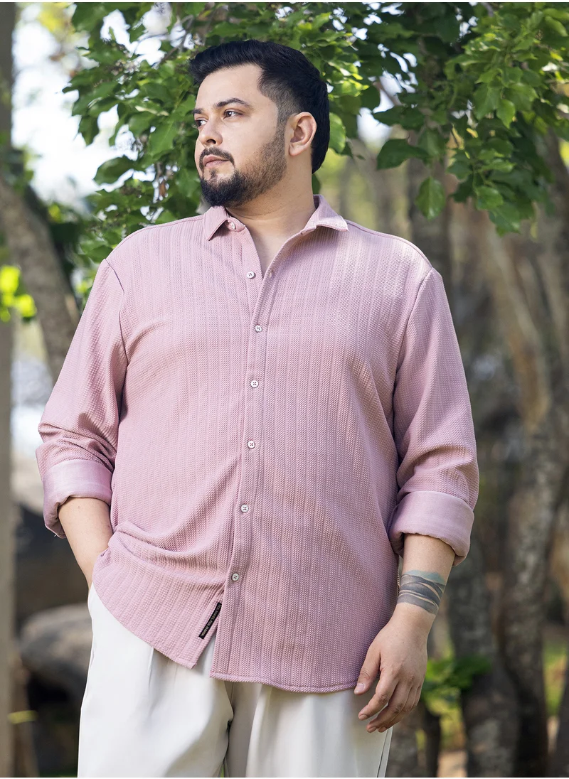 انستافاب بلس Instafab Plus Men's Powder Pink Chevron-Panel Tactile Shirt For Casual Wear | Spread Collar | Long Cuffed Sleeves | Button Closure | Plus Size Shirt Crafted With Comfort Fit For Everyday Wear