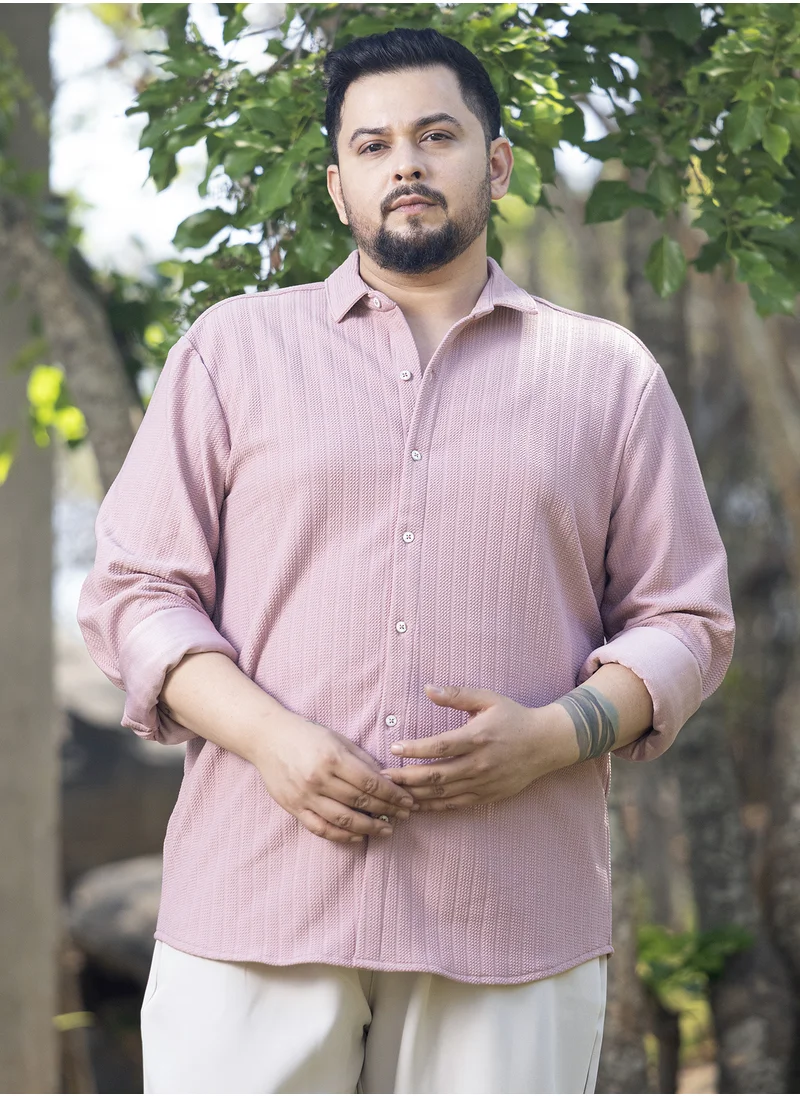انستافاب بلس Instafab Plus Men's Powder Pink Chevron-Panel Tactile Shirt For Casual Wear | Spread Collar | Long Cuffed Sleeves | Button Closure | Plus Size Shirt Crafted With Comfort Fit For Everyday Wear
