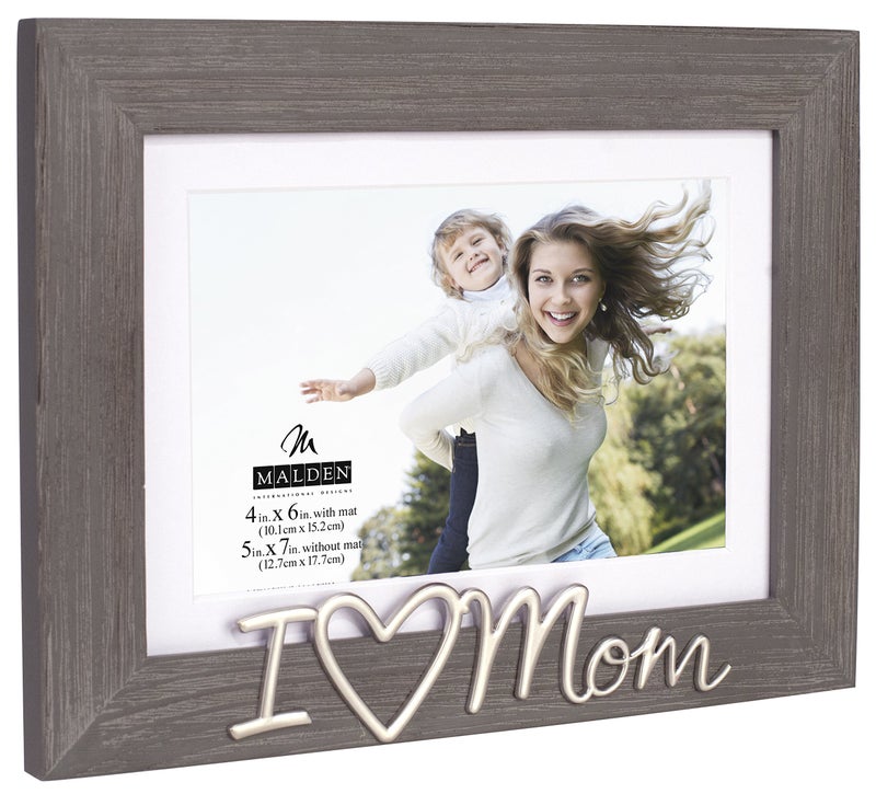 Malden International Designs 4x6 or 5x7 I Love Mom Distressed Expressions Picture Frame Silver Finish I Love Mom Word Attachment Gray Textured Wood Grain Finish MDF Frame White Beveled Mat - Image 2