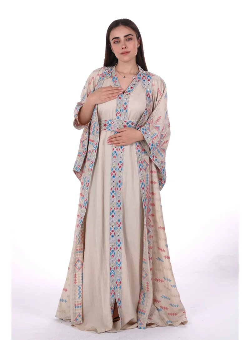 Al Bent Al Sharqieh beige embroidered linen kaftan dress for Women | Best Price UAE