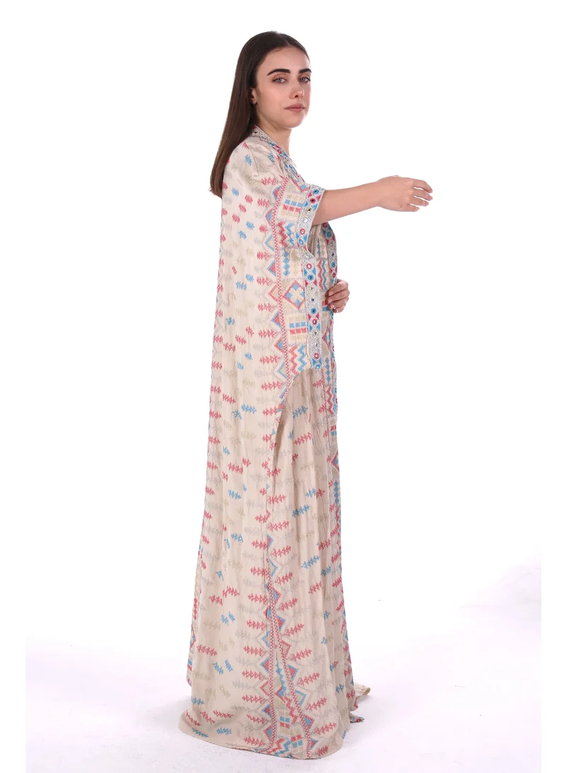 Al Bent Al Sharqieh beige embroidered linen kaftan dress for Women | Best Price UAE