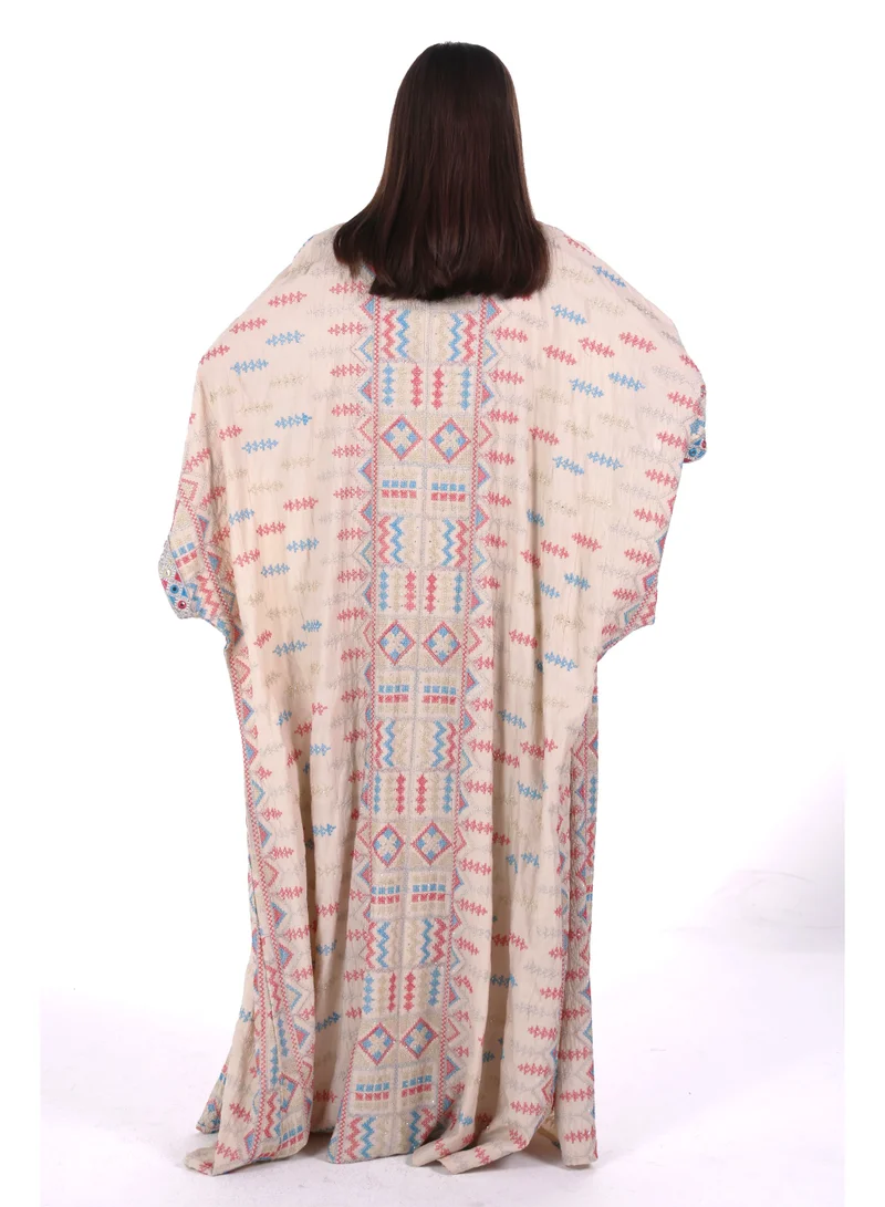 Al Bent Al Sharqieh beige embroidered linen kaftan dress for Women | Best Price UAE