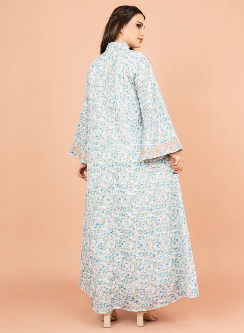 IKKXA Mandarin Collar Embroidered Jalabiya with Printed Pattern IK4009