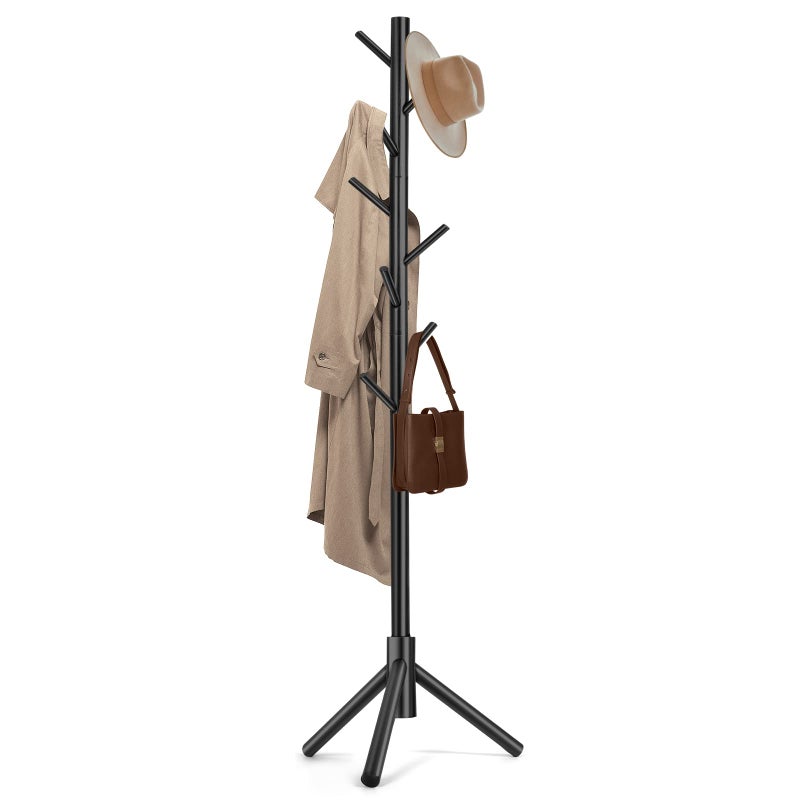 Freyawin Solid Wooden Coat Rack Freestanding, New Zealand Pine Coat Tree with 8 Hooks & 3 Adjustable Sizes for Coats, Hats, Handbags and Scarves, Space Saving for Entryway/Office/Bedroom (Black) - Image 1