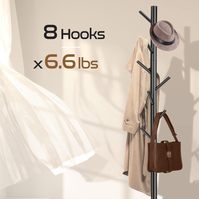 Freyawin Solid Wooden Coat Rack Freestanding, New Zealand Pine Coat Tree with 8 Hooks & 3 Adjustable Sizes for Coats, Hats, Handbags and Scarves, Space Saving for Entryway/Office/Bedroom (Black) - Image 3