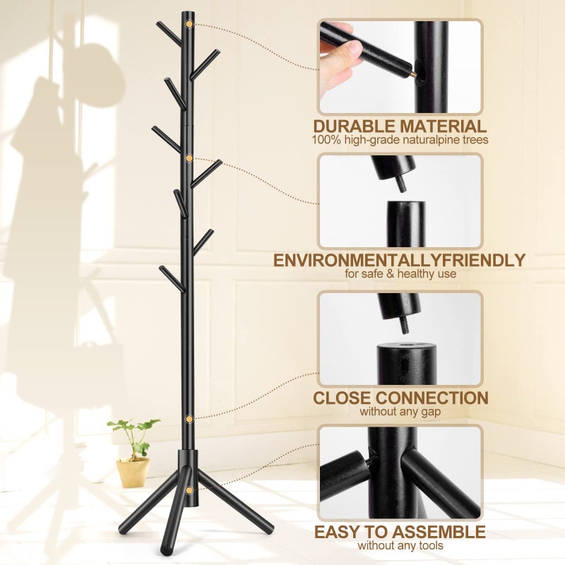 Freyawin Solid Wooden Coat Rack Freestanding, New Zealand Pine Coat Tree with 8 Hooks & 3 Adjustable Sizes for Coats, Hats, Handbags and Scarves, Space Saving for Entryway/Office/Bedroom (Black) - Image 2