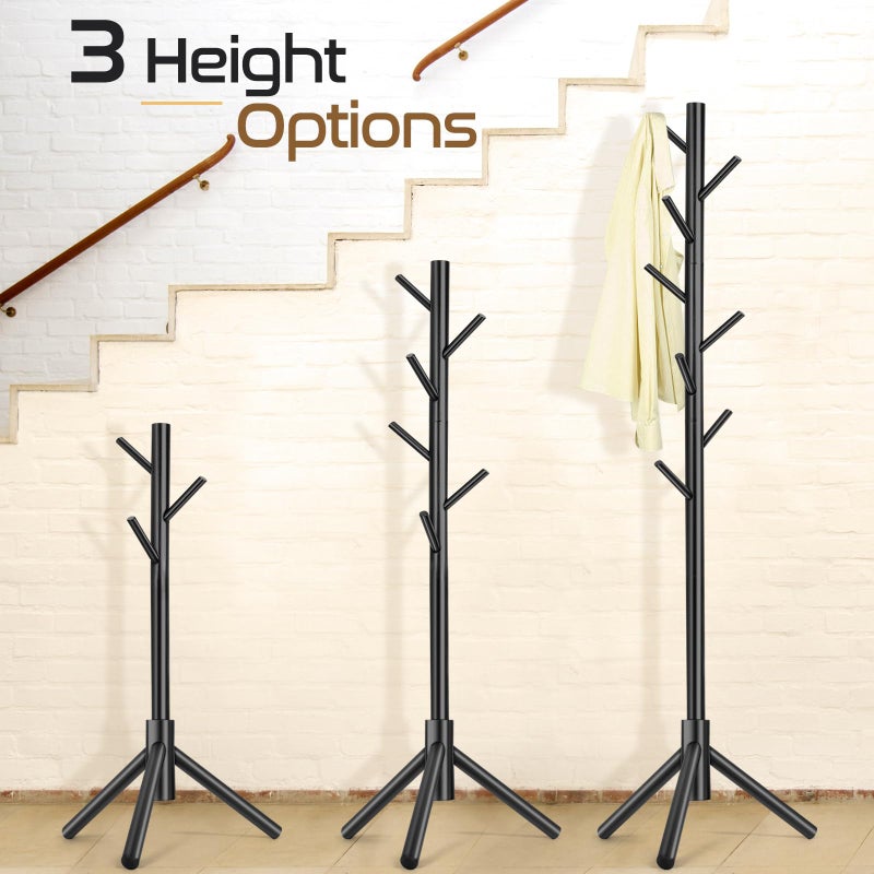 Freyawin Solid Wooden Coat Rack Freestanding, New Zealand Pine Coat Tree with 8 Hooks & 3 Adjustable Sizes for Coats, Hats, Handbags and Scarves, Space Saving for Entryway/Office/Bedroom (Black) - Image 4