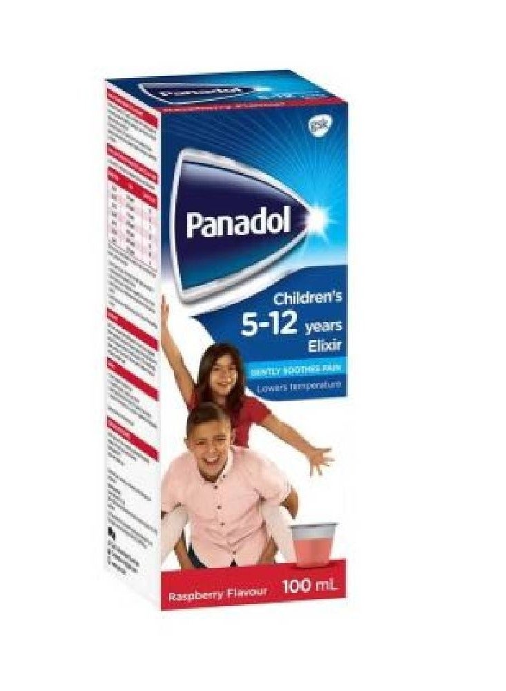 Panadol Elixir Gently Soothes Pain Lower Temperature with Raspberry Flavour for Children 5 to 12 Years