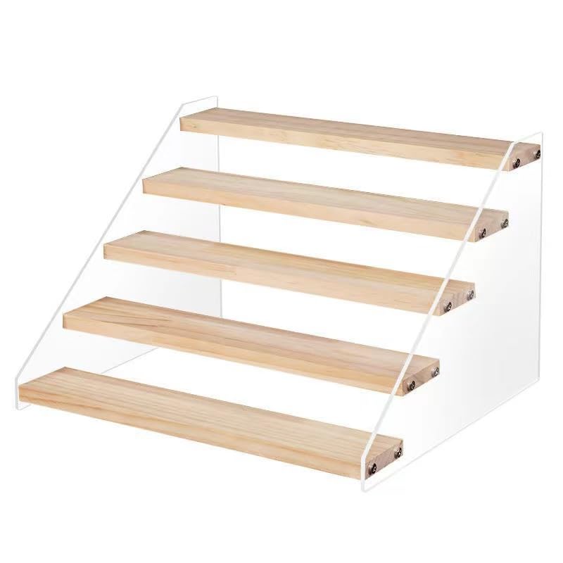 BeiHCain 5 Tier Acrylic Wooden Display Stand, Clear Acrylic Display Riser Shelf Wood Tiered Display Shelf Rack Step Ladder Riser Stands for Cupcakes Perfumes Figures Collectibles - Image 1