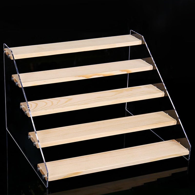 BeiHCain 5 Tier Acrylic Wooden Display Stand, Clear Acrylic Display Riser Shelf Wood Tiered Display Shelf Rack Step Ladder Riser Stands for Cupcakes Perfumes Figures Collectibles - Image 3