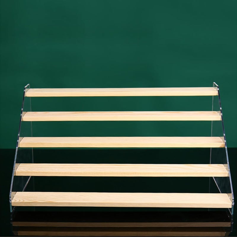 BeiHCain 5 Tier Acrylic Wooden Display Stand, Clear Acrylic Display Riser Shelf Wood Tiered Display Shelf Rack Step Ladder Riser Stands for Cupcakes Perfumes Figures Collectibles - Image 5