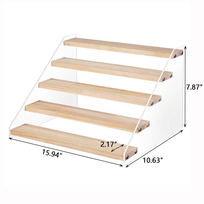 BeiHCain 5 Tier Acrylic Wooden Display Stand, Clear Acrylic Display Riser Shelf Wood Tiered Display Shelf Rack Step Ladder Riser Stands for Cupcakes Perfumes Figures Collectibles - Image 2