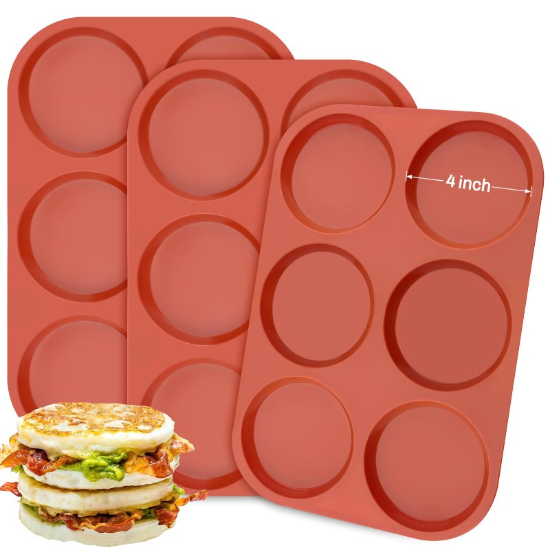 Ocmoiy 4 Inch Silicone Egg Mold for Breakfast Sandwiches 3 Pack NonStick Silicone Jumbo Muffin TopHamburger Bun Pan Eggs Bites Molds for Oven Baking Egg Patty Pancake Frittata