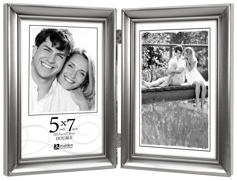 Malden International Designs Concourse Pewter Metal Hinged Picture Frame Double Vertical 25x7 Silver