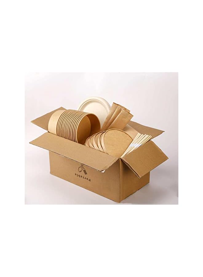 راكسوم سلطة/شوربة مستديرة بنية للاستعمال مرة واحدة ووعاء ورقي مع غطاء ومجموعة أدوات مائدة وعصا سوشي - Image 4