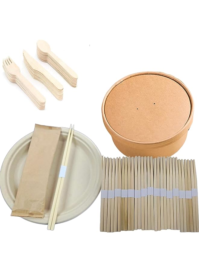 راكسوم سلطة/شوربة مستديرة بنية للاستعمال مرة واحدة ووعاء ورقي مع غطاء ومجموعة أدوات مائدة وعصا سوشي - Image 1