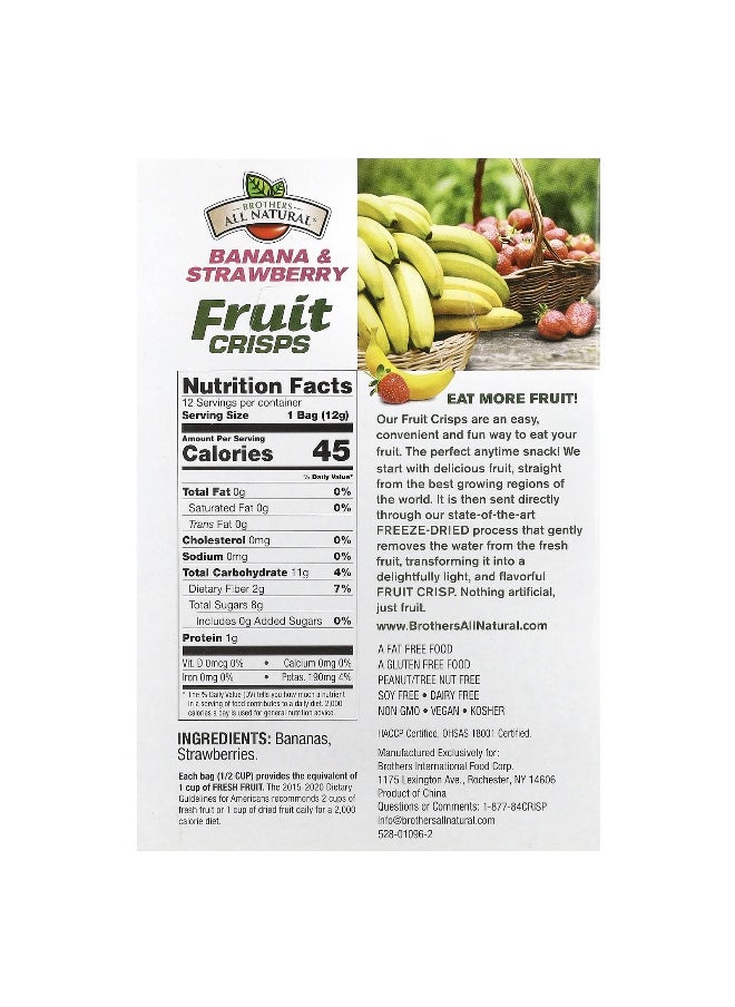Brothers-ALL-Natural Brothers-All-Natural, Fruit Crisps, Banana & Strawberries, 12 Single-Serve Bags, 0.42 oz (12 g) Each  - Image 2