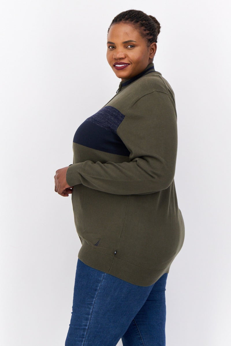 NAUTICA Women Mock Neck Colorblock Sweater, Olive/Navy - Image 3