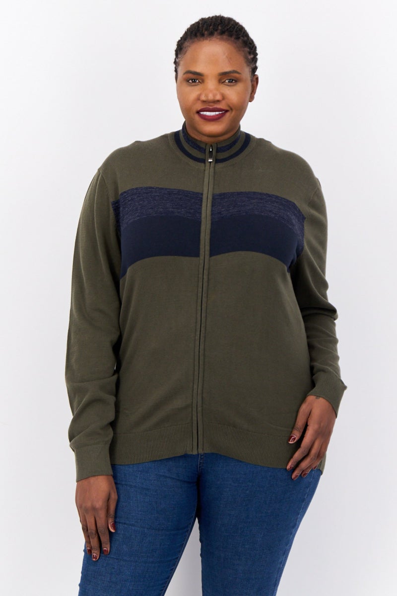 NAUTICA Women Mock Neck Colorblock Sweater, Olive/Navy - Image 1