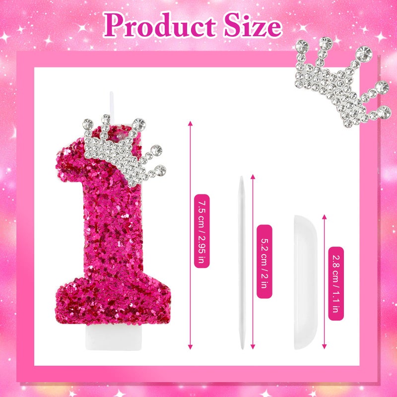 AKURIEEY Hot Pink Birthday Candles Crown Number 1 Candle Birthday Party Decorations Cake Topper Cupcake Decor for Anniversary Celebrations Supplies - Image 3
