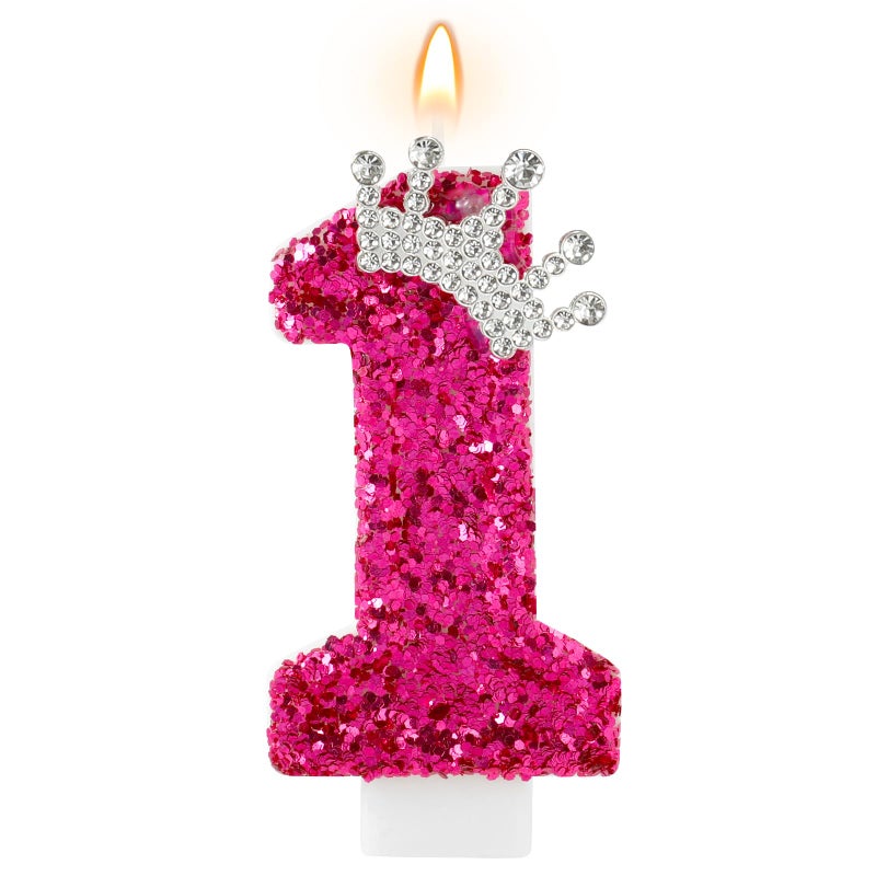 AKURIEEY Hot Pink Birthday Candles Crown Number 1 Candle Birthday Party Decorations Cake Topper Cupcake Decor for Anniversary Celebrations Supplies - Image 1