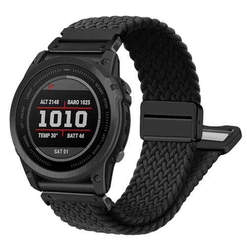 Abanen Quick Fit 22mm Stretchy Watch Band with Magnetic Buckle for Garmin Fenix 7 / Fenix 6 / Fenix 5 / EPIX 2, Soft Loop Elastic Braided Wristband Strap for epix Pro 47mm/Forerunner 955 (Black) - Image 1