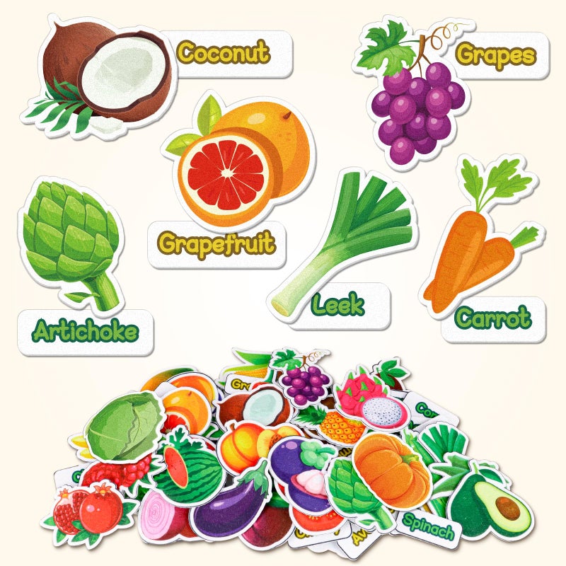 AKAYOK Felt Board Set with 90 Fruits Vegetables Pieces Interactive Learning Education Toys for Preschool Homeschool Vibrant Colors Pretend Play Toys with Storage Bag Velcro Dots - Image 3