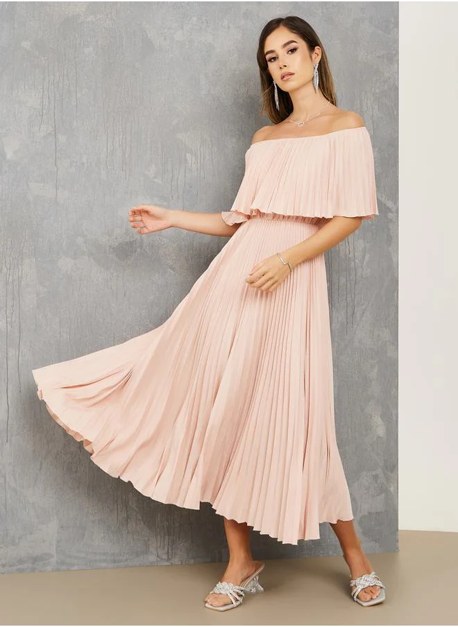 ستايلي Off Shoulder Neck Pleated Maxi Dress