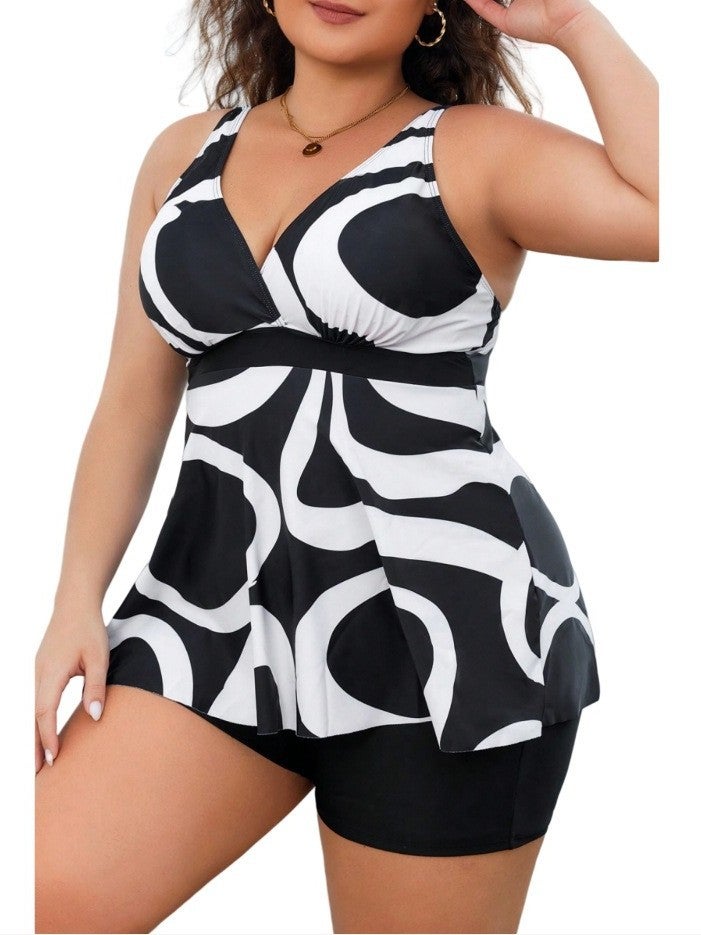 Swimsuit Split Boxer Briefs Printed Skirt Plus Fat Plus Size Conservative Tankini Beach Swimwear - Image 2