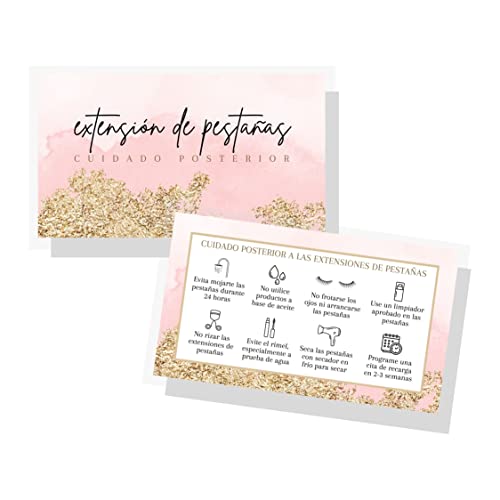 Lashicorn Spanish Lash Aftercare Instructions | 50 pk | Cuidado posterior de las pestañas | 2 x 3.5” inch Card | Eyelash Extension Supplies Gold Pink Watercolor 2-3 week refills fillers matches intake forms - Image 1