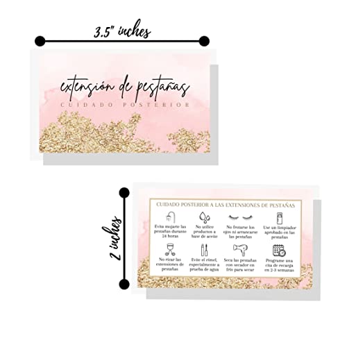 Lashicorn Spanish Lash Aftercare Instructions | 50 pk | Cuidado posterior de las pestañas | 2 x 3.5” inch Card | Eyelash Extension Supplies Gold Pink Watercolor 2-3 week refills fillers matches intake forms - Image 2