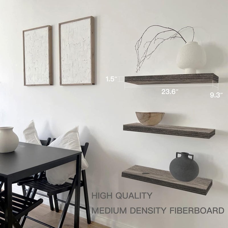 QEEIG Floating Shelves for Wall 23.6" Long - Wall Mounted Shelf Bathroom Kitchen Living Room Bedroom Farmhouse Home Decor Display Bookshelf Large 23.6 x 9.3 inch Set of 2, Grey (008-60GY) - Image 3