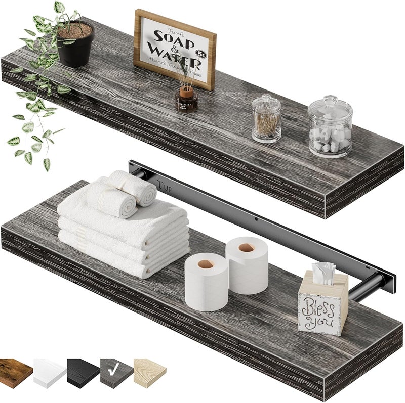 QEEIG Floating Shelves for Wall 23.6" Long - Wall Mounted Shelf Bathroom Kitchen Living Room Bedroom Farmhouse Home Decor Display Bookshelf Large 23.6 x 9.3 inch Set of 2, Grey (008-60GY) - Image 1