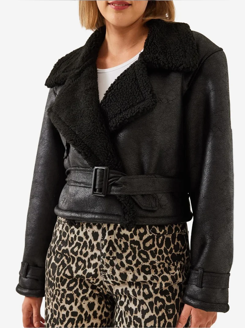 Bianco Lucci Black LUCCI Faux Leather Crop Jacket with Shawl Collar for Women | Best Price UAE
