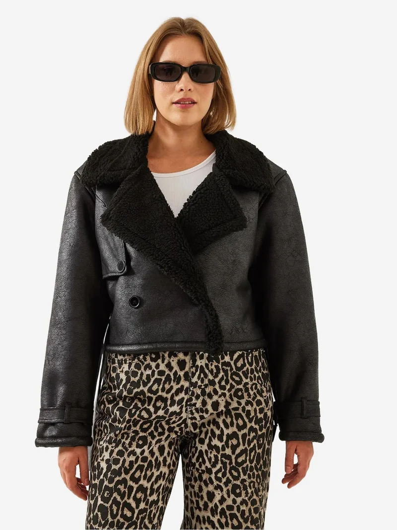 Bianco Lucci Black LUCCI Faux Leather Crop Jacket with Shawl Collar for Women | Best Price UAE