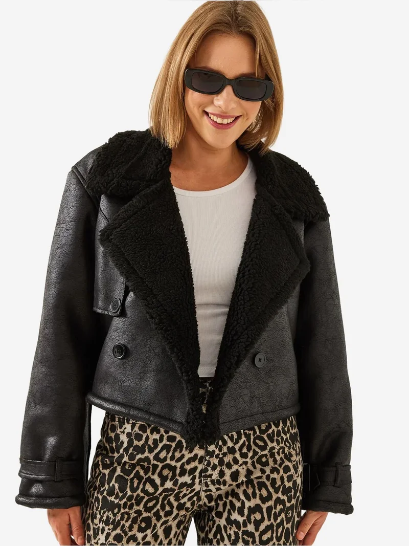 Bianco Lucci Black LUCCI Faux Leather Crop Jacket with Shawl Collar for Women | Best Price UAE