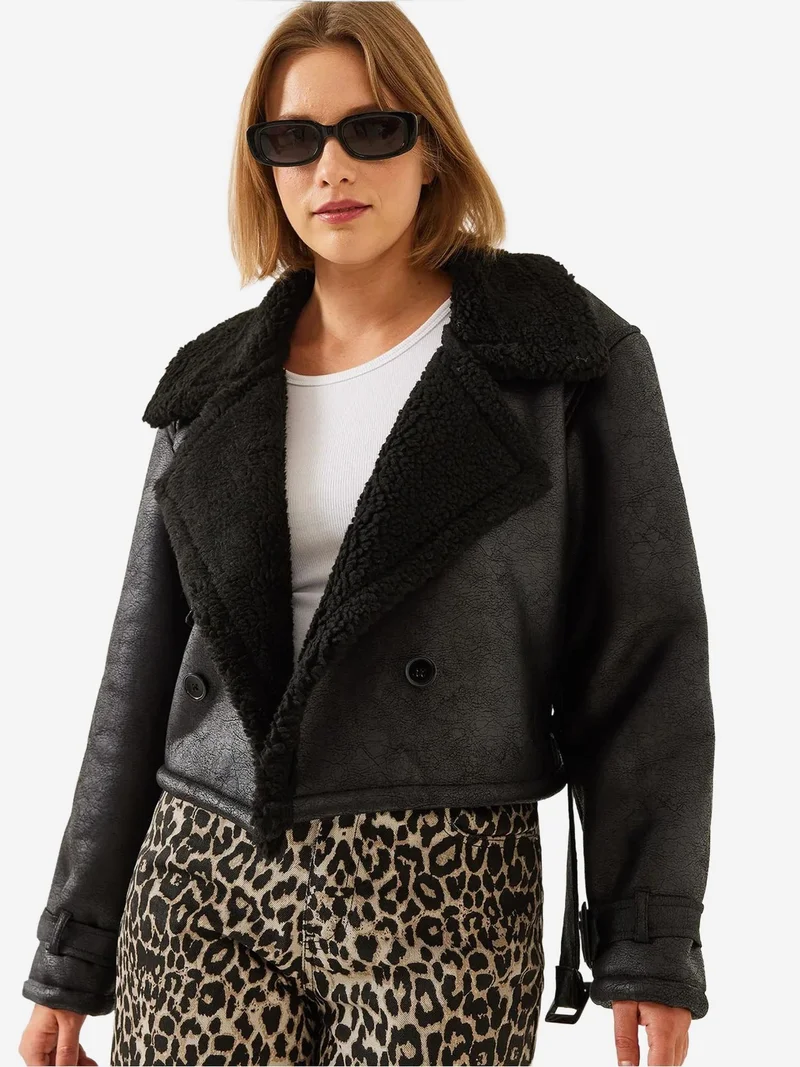 Bianco Lucci LUCCI Faux Leather Crop Jacket with Shawl Collar