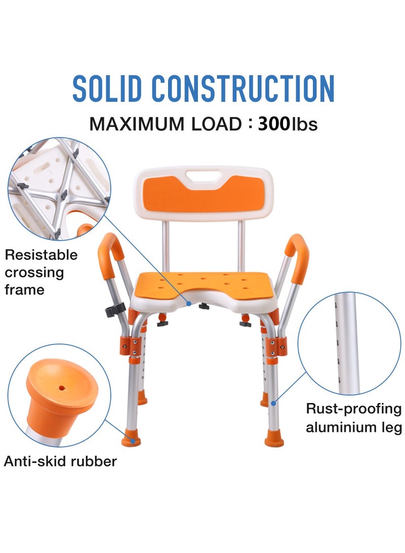 شو وو كرسي استحمام للاستحمام الداخلي، كرسي استحمام متين بوزن 300 رطل مع ذراعين وحامل رأس دش، مقعد استحمام طبي، مقعد استحمام آمن لكبار السن، برتقالي - Image 4