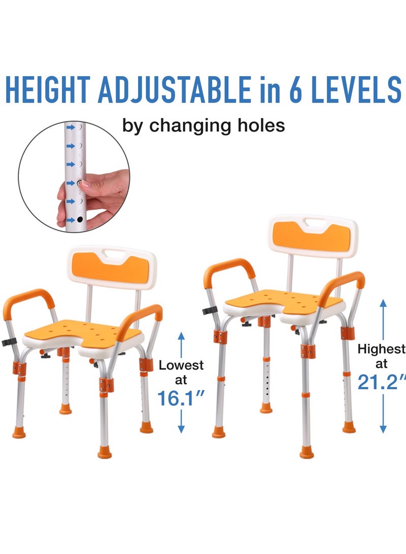 شو وو كرسي استحمام للاستحمام الداخلي، كرسي استحمام متين بوزن 300 رطل مع ذراعين وحامل رأس دش، مقعد استحمام طبي، مقعد استحمام آمن لكبار السن، برتقالي - Image 5