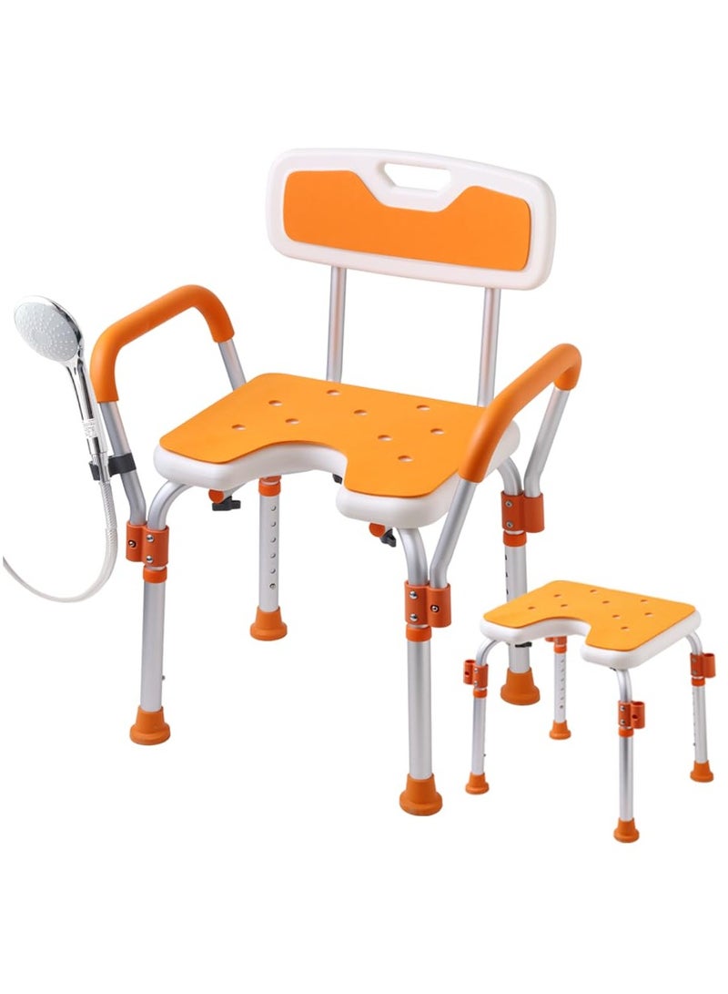 شو وو كرسي استحمام للاستحمام الداخلي، كرسي استحمام متين بوزن 300 رطل مع ذراعين وحامل رأس دش، مقعد استحمام طبي، مقعد استحمام آمن لكبار السن، برتقالي - Image 1