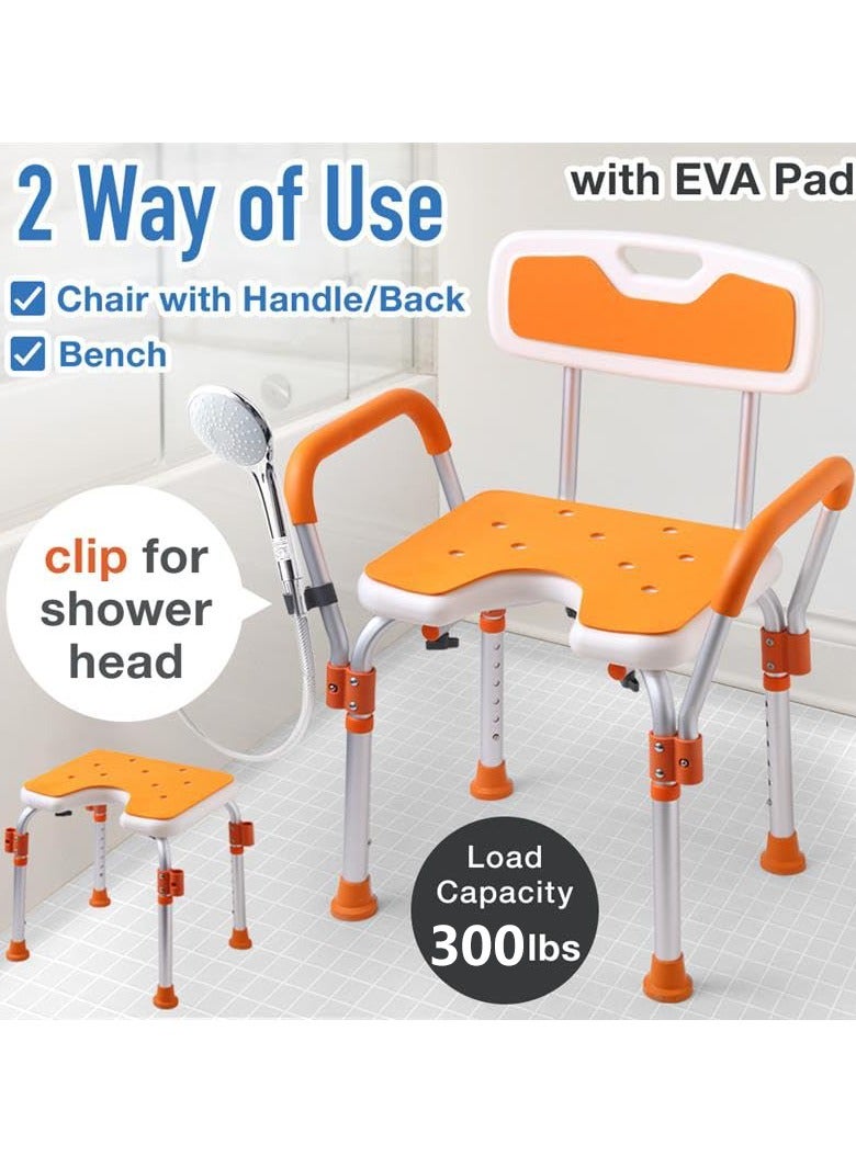 شو وو كرسي استحمام للاستحمام الداخلي، كرسي استحمام متين بوزن 300 رطل مع ذراعين وحامل رأس دش، مقعد استحمام طبي، مقعد استحمام آمن لكبار السن، برتقالي - Image 2