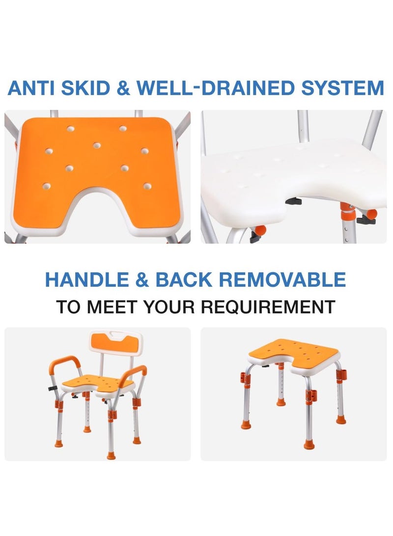 شو وو كرسي استحمام للاستحمام الداخلي، كرسي استحمام متين بوزن 300 رطل مع ذراعين وحامل رأس دش، مقعد استحمام طبي، مقعد استحمام آمن لكبار السن، برتقالي - Image 3