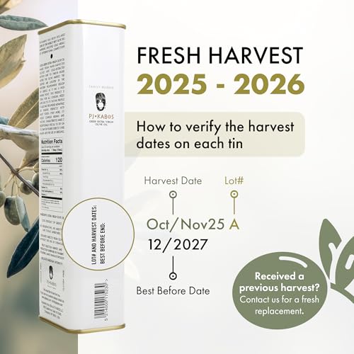 P.J. KABOS PJ KABOS Fresh 202526 Harvest High Phenolic 400mgkg Natural Greek Extra Virgin Olive Oil Kosher Greece Cold Extracted 169 oz Tin Koroneiki Family Reserve Medium - Image 5